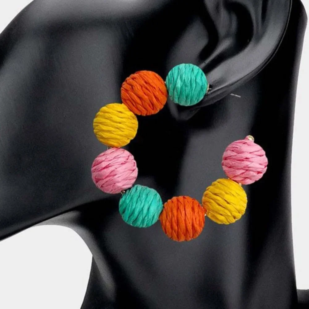 NEW Colorful Jute Straw Swirl Wrap Ball Cluster Half Hoop Statement Earrings
